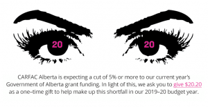 CARFAC Alberta is expecting a cut of 5% or more to our current year’s Government of Alberta grant funding. In light of this, we ask you to give $20.20 as a one–time gift to help make up this shortfall in our 2019–20 budget year.