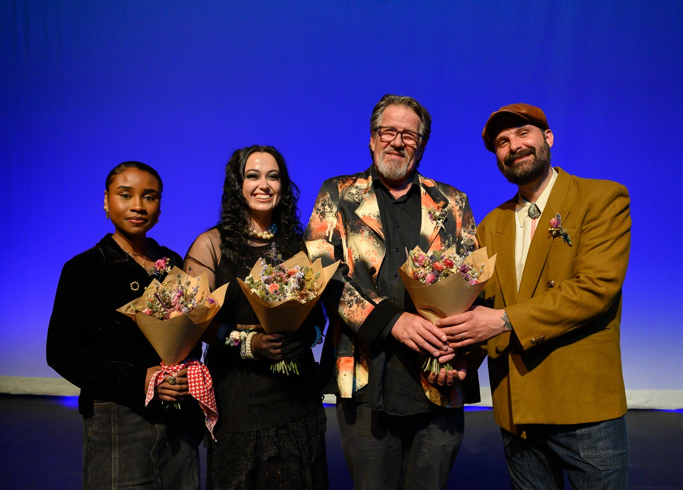 2025 Edmonton Arts Prizes top recipients L to R Raneece Buddan, margø, Darrin Hagen, and Benjamin Hertwig. Photo by Girl Named Shirl Photography corrected